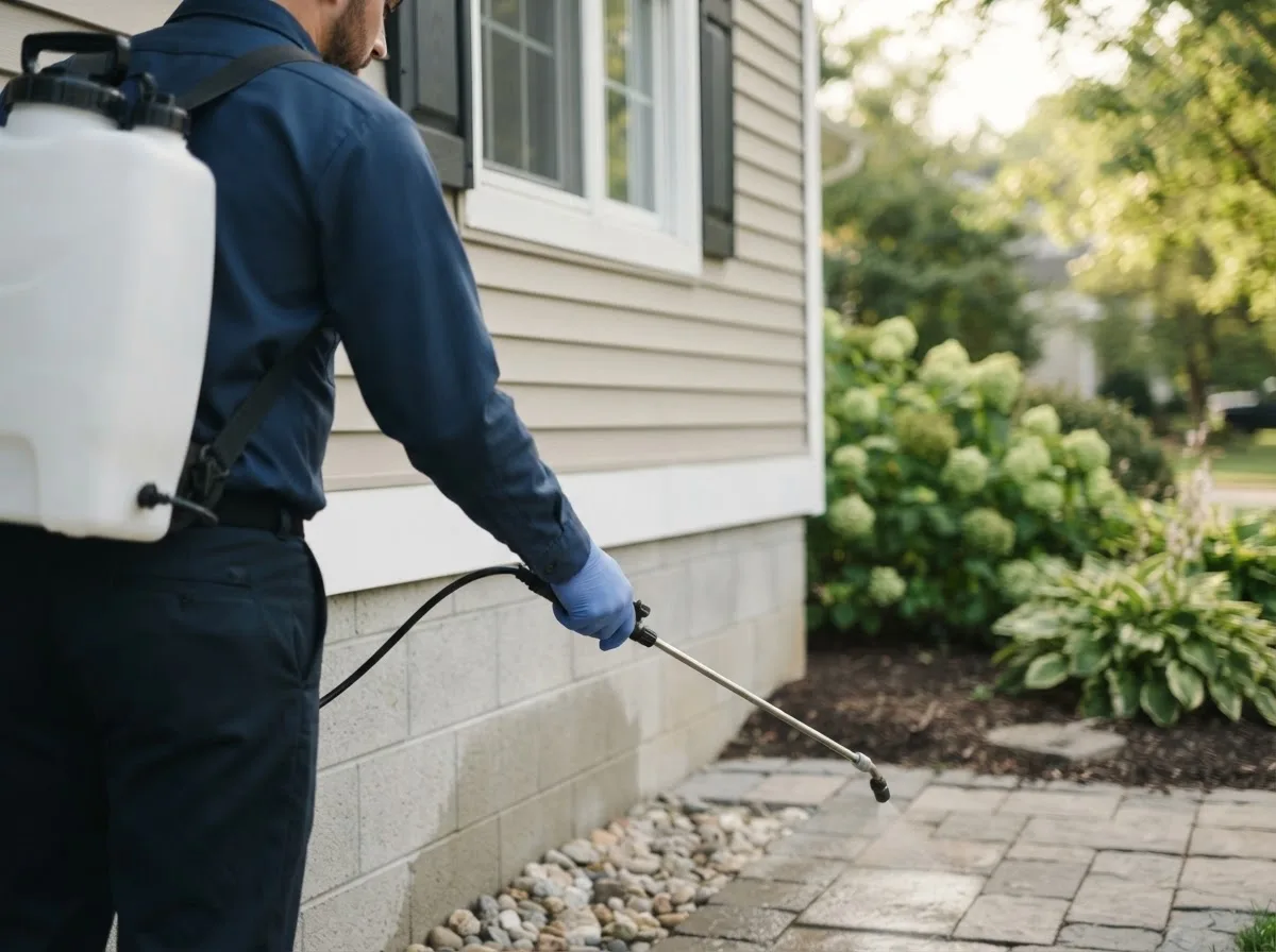 Pest control technician inspecting a home in Rockville, MN